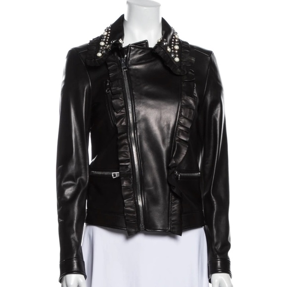 Gucci Leather Studded Tiger Ruffled Pearl Motorcycle Jacket - Picture 3 of 3